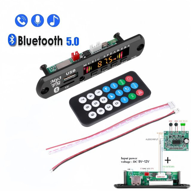 Kebidumei Bluetooth 5.0 MP3 WMA Decoder Board mit USB, AUX, FM Radio und Fernbedienung, 30W Musik Modul in Schwarz, DC 9V 12V - Bild 1