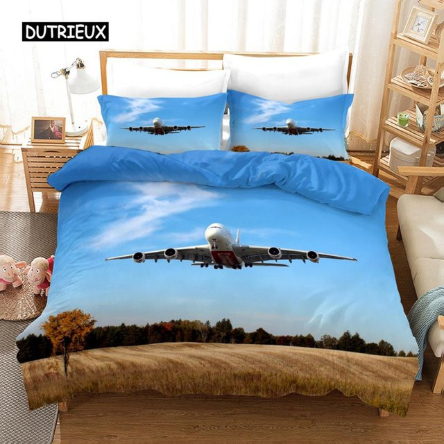 Binchi Outdoor Product Bettwäscheset Flugzeug Motiv aus Mikrofaser in Blau, 3-teilig, B/H: 140 x 200 cm - Bild 1