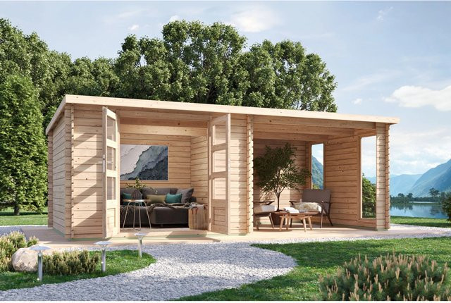 Karibu Gartenhaus Dortmund Set aus Fichten-Massivholz mit Anbaudach und Terrasse in Braun mit Pultdach und Blockbohlenbauweise - Bild 1