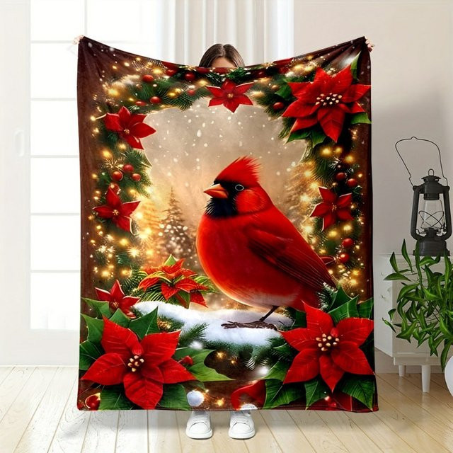 Gift Delight wendbare Flanell-Überwurfdecke mit Cartoon-Weihnachtsbaum und rotem Vogeldruck - Bild 1
