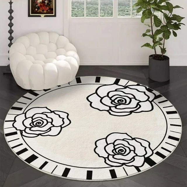 Runder Teppich CSQ Five in Schwarz-Weiß mit floralem geometrischem Kunstmuster, Durchmesser: 80 cm - Bild 1