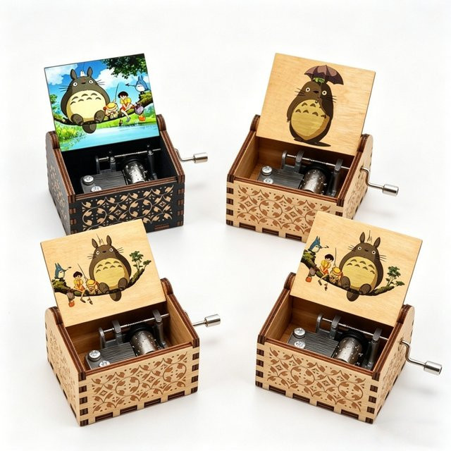 MINISO My Neighbor Toro Holz-Spieluhr mit Handkurbel in Braun, Vintage Musikbox mit Anime-Gravur für Sammler und Fans - Bild 1