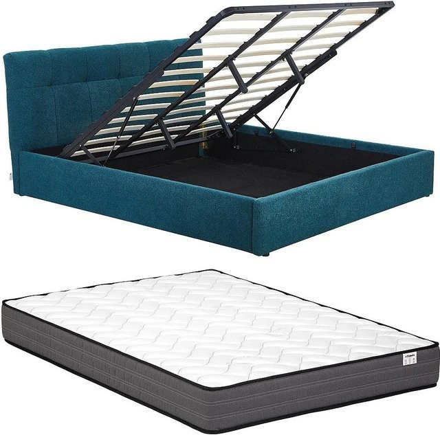 Vente-unique Bett Maziri mit Bettkasten in Blaugrün, Bouclé-Stoff, B/T/H: 180 x 200 x 196 cm - Bild 1