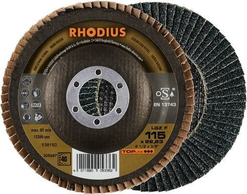 Rhodius TOPline LGZ F Fächerschleifscheibe für Edelstahl und Stahl, Körnung 40, Durchmesser: 115 mm, Bohrung: 22,23 mm, 10 Stück - Bild 1