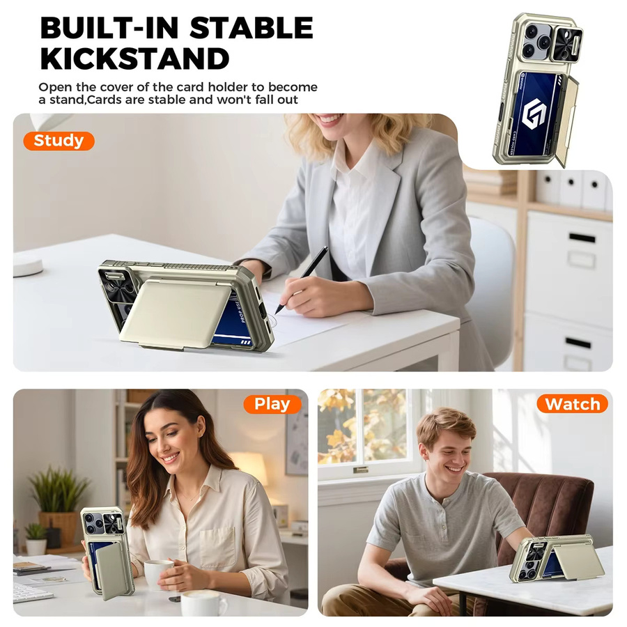 BANGZAO Wallet Case für iPhone 17 Pro mit Kartenhalter, Schiebe-Kameraabdeckung und Standfunktion in Grau und Lila - Bild 5