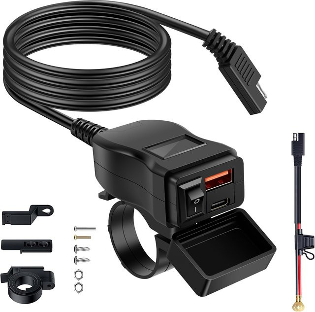 Wasserdichtes Motorrad-USB-Ladegerät mit SAE-Anschluss, Doppel-USB-Typ C PD und Quick Charge 3.0, Schwarz - Bild 1