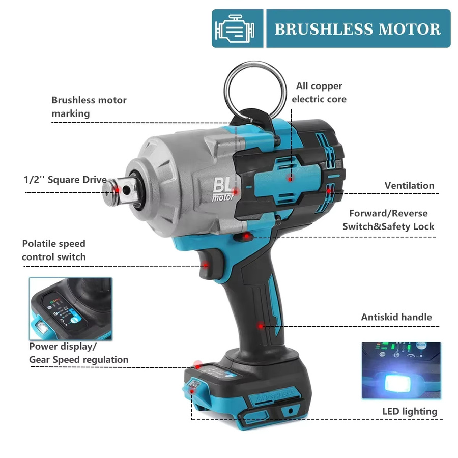 Bürstenloser elektrischer Schlagschrauber mit 1/2 Zoll Antrieb und 350-2000 N.M Drehmoment, kompatibel mit Makita 18V Akku, Blau - Bild 4