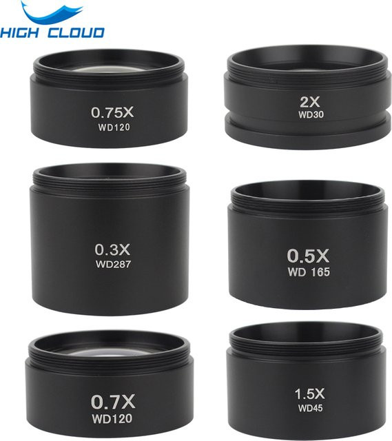 HIGH CLOUD Zusätzliches Objektivlinsen-Set WD165 mit Barlow-Glaslinsen 0,5X 0,7X 0,75X 1,5X 2,0X 48mm Gewinde für Stereo-Trinokularmikroskop in Schwarz - Bild 1