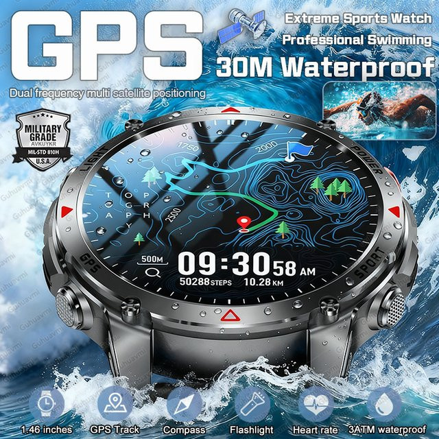 GUHUAVMI Militär GPS Smartwatch für Männer in Schwarz mit Karten- und Routen-Tracking, 30m wasserdicht, Taktik-Fitness-Sportuhr für Outdoor-Aktivitäten - Bild 1