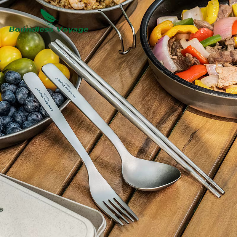 Boundless Voyage Camping Titan-Besteckset aus Metall in Silber Matt mit Löffel, Gabel und Essstäbchen - Bild 2