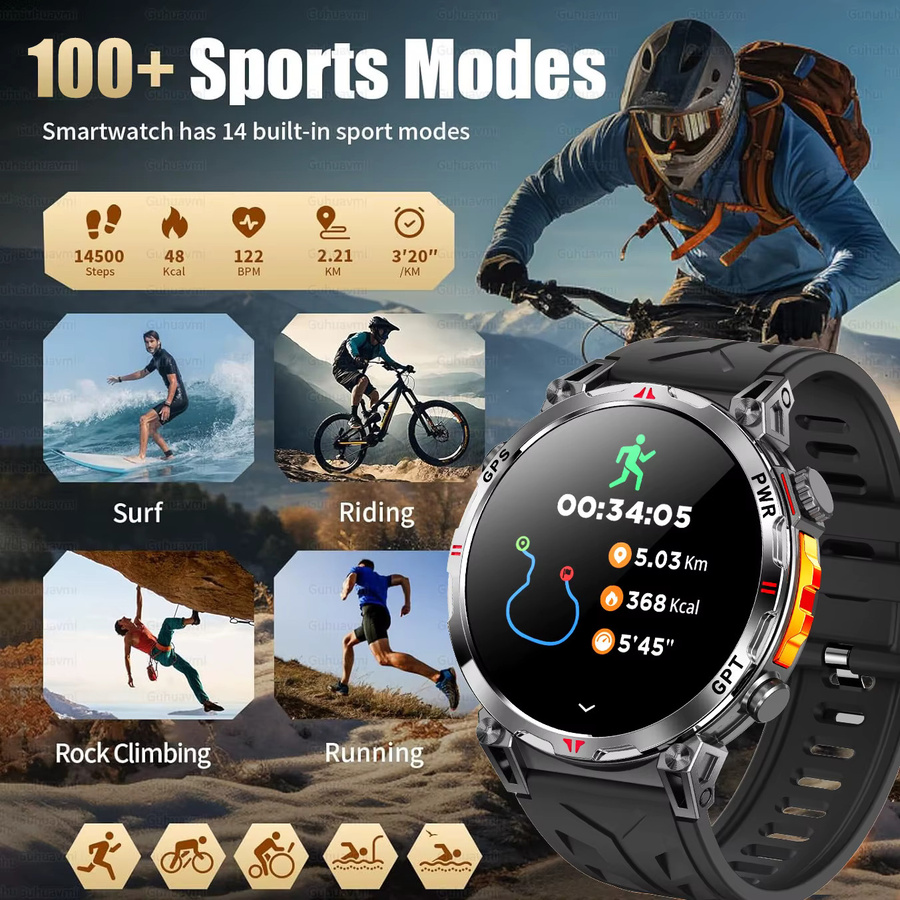 GUHUAVMI Militär-GPS-Sport-Smartwatch für Herren mit AMOLED-Bildschirm, Kompass, Höhenmesser, 10ATM Wasserdichtigkeit und drahtloser Anruffunktion in Orange oder Schwarz - Bild 5