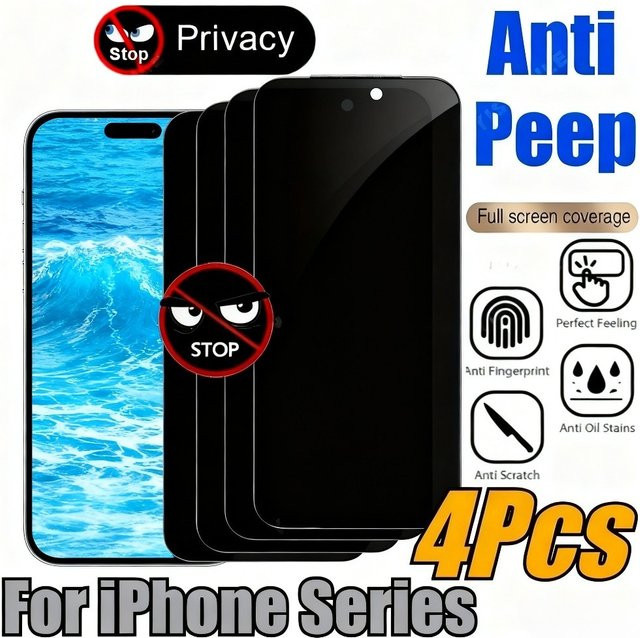 Anri Spy Vollbildschutz Set aus Hartglas für iPhone 11 bis iPhone 17 Pro Max, 4 Stück, transparent - Bild 1