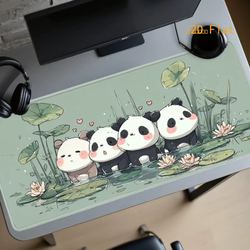 Großes Gaming-Mauspad im Anime-Stil mit Panda-Design und Lotus-Teich, grüne Schreibtischunterlage für Büro und PC-Zubehör - Bild 3