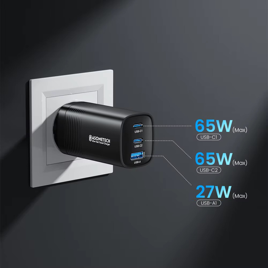 ASOMETECH GaN USB Typ C Ladegerät 65 W in Schwarz mit PPS PD und QC4.0 Schnellladefunktion für MacBook, Laptop, iPad, iPhone 16 und Samsung S23 Ultra - Bild 2