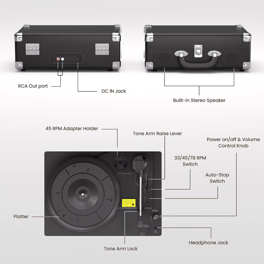 Maio S100 Riemengetriebenes Vintage-Grammophon in Schwarz mit eingebautem Lautsprecher und 3 Geschwindigkeiten für High-Fidelity-Stereo - Bild 3