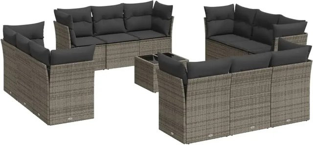 vidaXL 13-teilige Garten-Sofagarnitur in Grau aus Polyrattan mit Kissen und Gartentisch - Bild 1