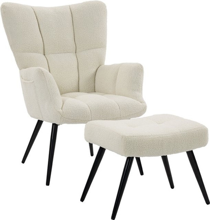 HOMCOM Relaxsessel mit Fußhocker aus weichem Teddy-Stoff in Beige mit gesteppter Rückenlehne und Seitentaschen