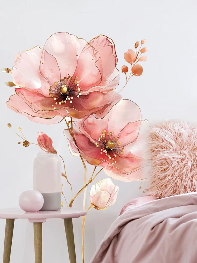 Kingsmile Wandaufkleber mit elegantem rosa Blumen-Design in Aquarell-Optik und Gold-Linien aus PVC für Wohnzimmer, Schlafzimmer oder Kinderzimmer - Bild 1