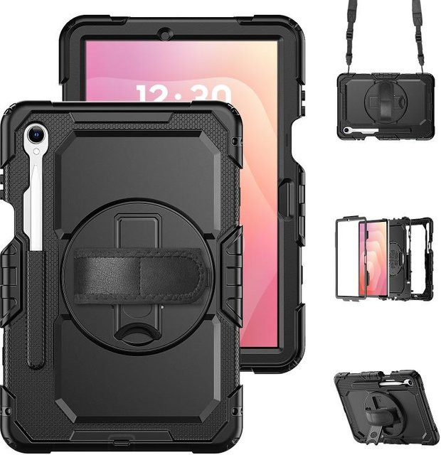 Stoßfeste Hülle für Samsung Galaxy Tab S11 Ultra S10 FE S9 Plus S8 S7 mit Displayschutzfolie und Griff-Riemen in Schwarz - Bild 1