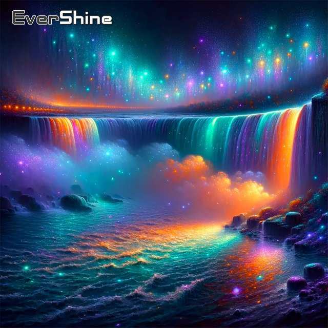EverShine Diamantstickerei Flusslandschaft mit Wasserfall als DIY Mosaik Set in Mehrfarbig und Rund - Bild 1