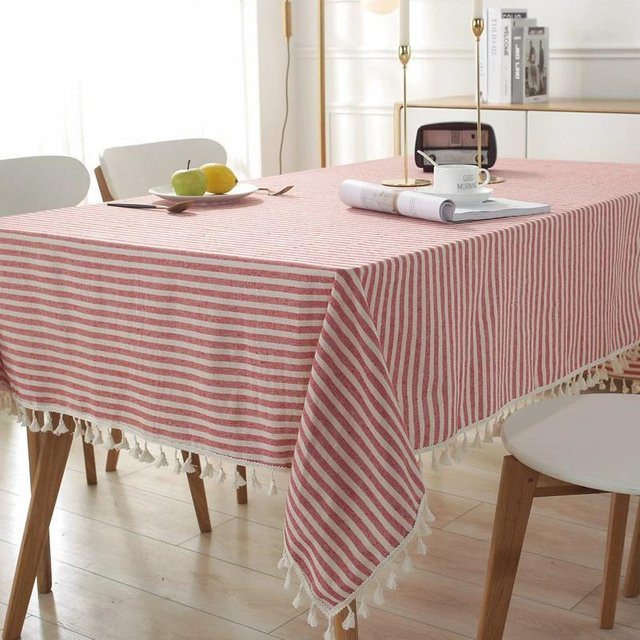 Rechteckige Tischdecke aus Baumwoll-Leinen-Mischgewebe mit Streifen und Quasten in Rot, B/T: 60 x 60 cm - Bild 1