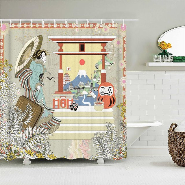 Wasserdichter Duschvorhang aus Polyestergewebe mit Samurai-Landschaft und Wellen-Design in Multicolour, B: 90 cm, H: 180 cm - Bild 1