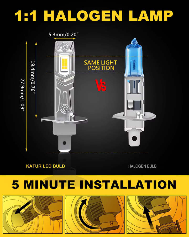 KaTur H1 LED Scheinwerfer Set mit Canbus CSP Chips, 2 Stück, Weiß/Silber, 16000LM, Mini Design ohne Lüfter - Bild 2
