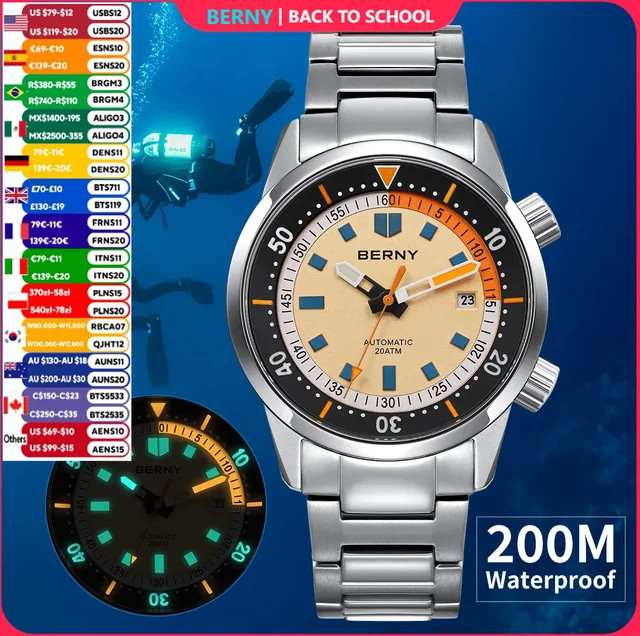 BERNY Taucheruhr, Automatik, Edelstahl, Saphirglas, 20 ATM, Herren - Bild 1