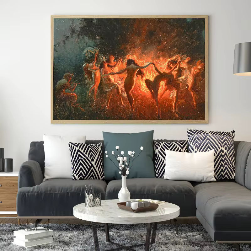 Joseph Tomanek Leinwandgemälde Hexen Nymphe Feuertanz Vintage Wandbild Mehrfarbig - Bild 3