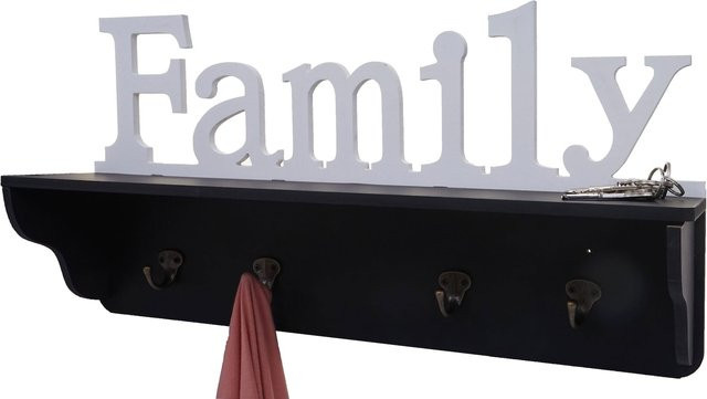 Wandgarderobe MCW D41 Family aus massivem Kiefernholz mit 4 Haken und Regal, Schwarz/Weiß, B/T/H: 60 x 30 x 13 cm - Bild 1