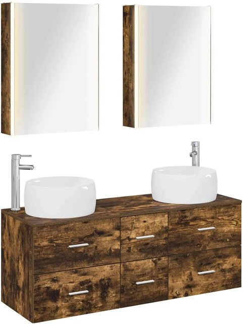 vidaXL Badezimmermöbel-Set aus Eiche in Braun, bestehend aus Waschtischunterschrank und Spiegelschrank mit LED-Beleuchtung - Bild 1