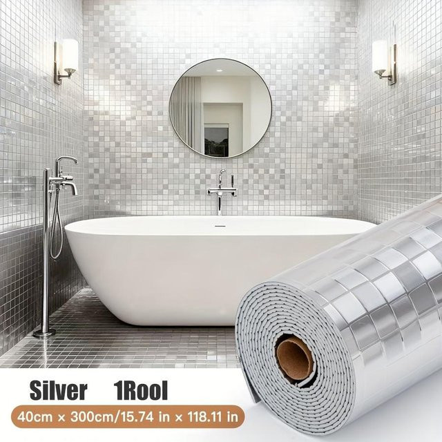 Selbstklebende 3D Mosaik Tapete von Lucky Black Cat in Silber, wasserdichte und reflektierende Spritzschutzwand für das Badezimmer, B: 60 cm, L: 3 m - Bild 1