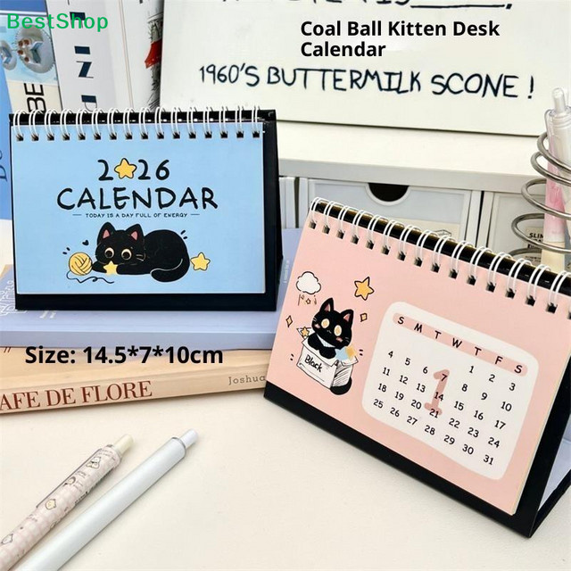 KOQZM Tischkalender 2026 Kohleball-Kätzchen in Schwarz und Blau mit monatlicher Planung und Katzenillustrationen - Bild 1