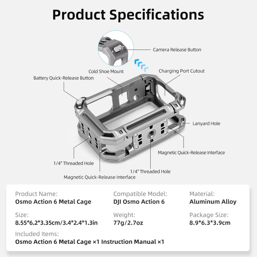 XFJI Metall-Käfig aus Aluminiumlegierung für DJI Osmo Action 6 in Silber als Erweiterbare Halterung und Rundumschutz-Rahmen - Bild 5