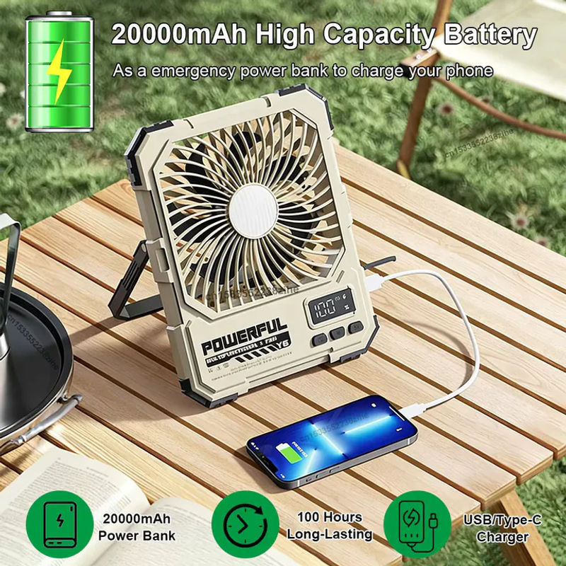 raugee Camping-Ventilator mit 20000mAh Akku, tragbarer faltbarer Tischventilator und Deckenventilator mit LED-Licht, Farbe: Schwarz - Bild 5