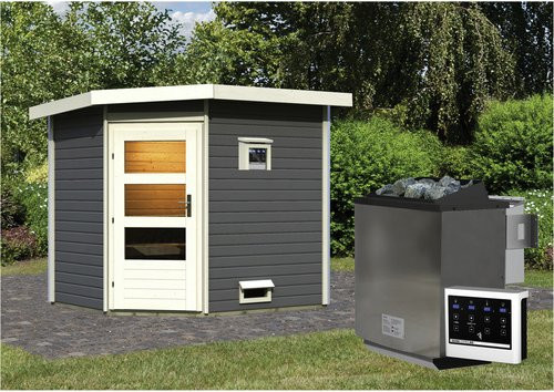KARIBU Saunahaus in Grau mit 9 kW Bio-Kombi-Ofen und digitaler Steuerung, B/T/H: 231 x 196 x 226 cm - Bild 1