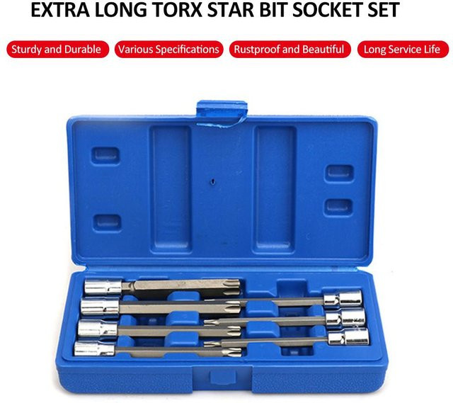 7-teiliger Torx Stern Bit Steckschlüssel Satz aus Cr V Stahl in Blau, 3/8 Zoll Antrieb, extra lang - Bild 1