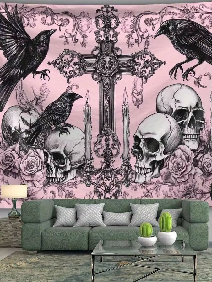 VIKAMA Gothic Wandkunst Tapisserie mit Rabe und Totenkopf in Rosa und Schwarz - Bild 3