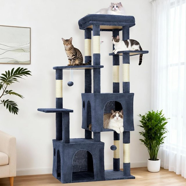 Garvee Katzenkletterbaum Blau, 150 cm hoher Mehrstufiger Kratzbaum für große Wohnungskatzen mit 7 Sisal-Kratzstämmen, 2 Höhlen, 4 Liegeflächen und 2 interaktiven Spielbällen - Bild 1