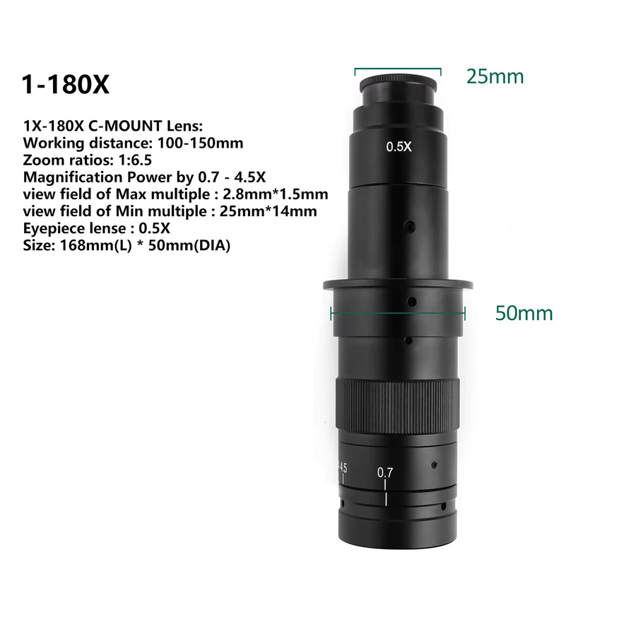 YIZHAN C-Mount Zoom-Objektiv für digitale Mikroskop-Kameras mit einstellbarer Vergrößerung 42/50mm, Schwarz - Bild 2