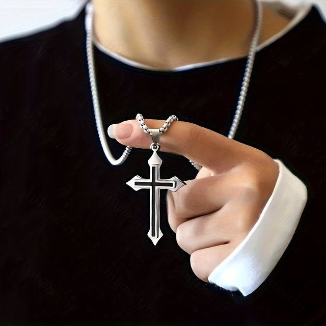 Halskette mit Kreuz Anhänger, Edelstahl, Silber, Unisex - Bild 1
