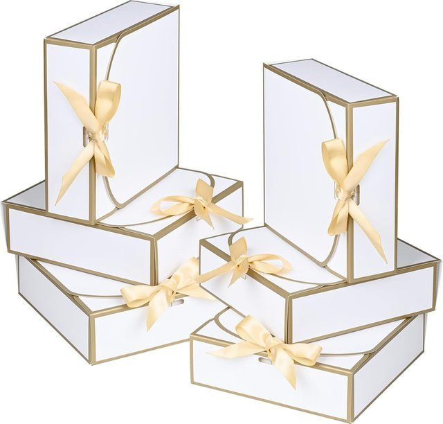 20 Stück elegante Geschenkboxen mit Deckel in Weiß mit Goldbesatz und goldenem Band, B/H/T: 16,5 x 16,5 x 5,1 cm - Bild 1
