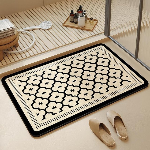 Saugfähige Badezimmer-Bodenmatte in Beige mit Kieselstein-Design, rutschfest und modern, B/T: 60 x 40 cm - Bild 1