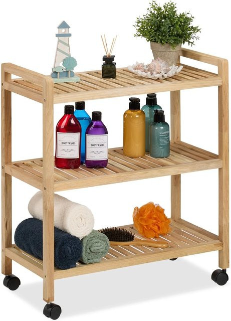 Relaxdays Badregal aus Walnussholz mit Rollen, Farbe Braun, B/T/H: 72 x 65 x 31 cm - Bild 1