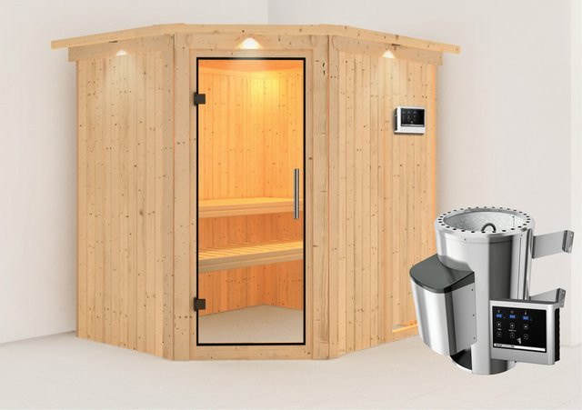 Karibu Sauna Livia mit Ofen, externe Steuerung, LED-Dachkranz und Klarglastür in Anthrazit und Braun - Bild 1