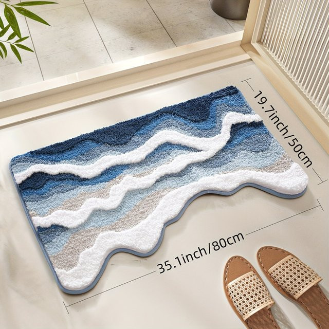 VIKAMA Wellenförmige Plüsch-Badezimmermatte in Blau, rutschfester und saugfähiger Teppich, B/T: 80 x 50 cm - Bild 1
