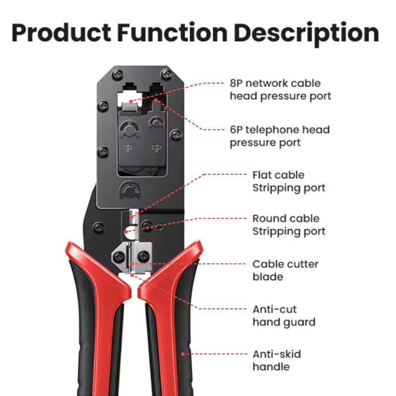 SHOYEE RJ45 Crimpzange für Ethernet Netzwerk LAN Kabel mit Cutter und Stripper in Rot - Bild 2