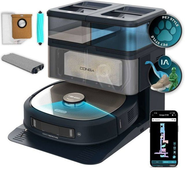 Saugroboter mit Wischfunktion CECOTEC Conga Z100 in Schwarz und Edelstahl mit 20.000 Pa Saugkraft, Laser-Navigation und App-Steuerung - Bild 1