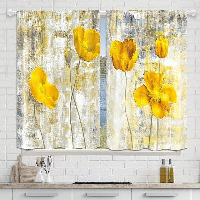 Yiran Furniture 2-teiliges Schlafzimmervorhang-Set mit floralem Design in Gelb, semi-transparent, Breite: 50 cm, Höhe: 130 cm - Bild 1