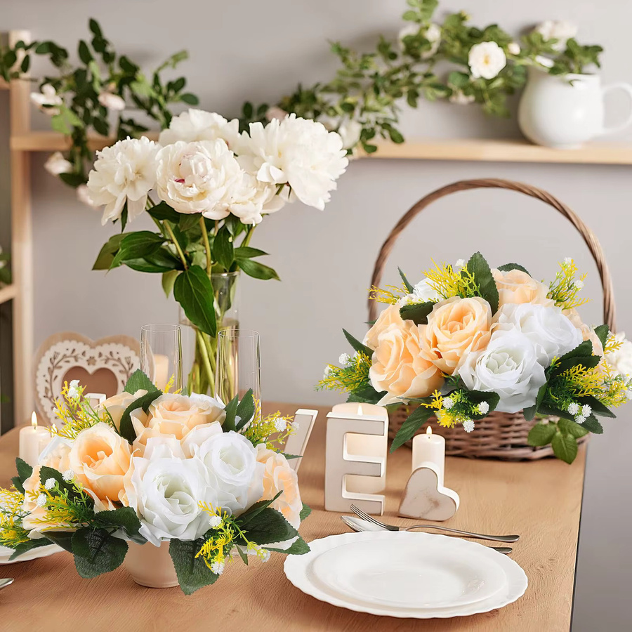 Uflower 6er Set künstliche Rosenkugeln in Weiß und Gelb zur Tischdekoration für Hochzeit und Party - Bild 3